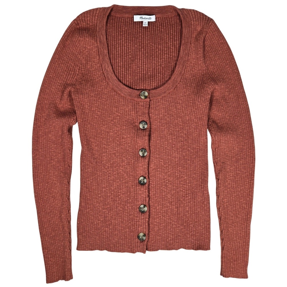 Madewell XS Ribbed Scoopneck Cardigan Sweater Weathered Brick NG738 Cotton Blend